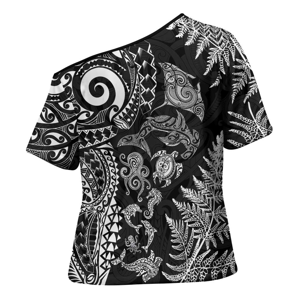 New Zealand Sea Animals Cross Shoulder Shirt with Maori Koru Tribal Tattoo and Silver Ferns Black Color LT03 - Polynesian Pride