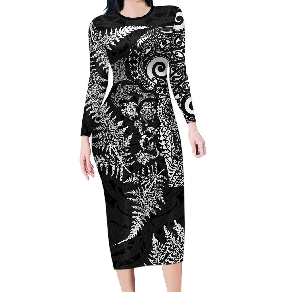 New Zealand Sea Animals Family Matching Long Sleeve Bodycon Dress and Hawaiian Shirt with Maori Koru Tribal Tattoo and Silver Ferns Black Color LT03 Mom's Dress Black - Polynesian Pride