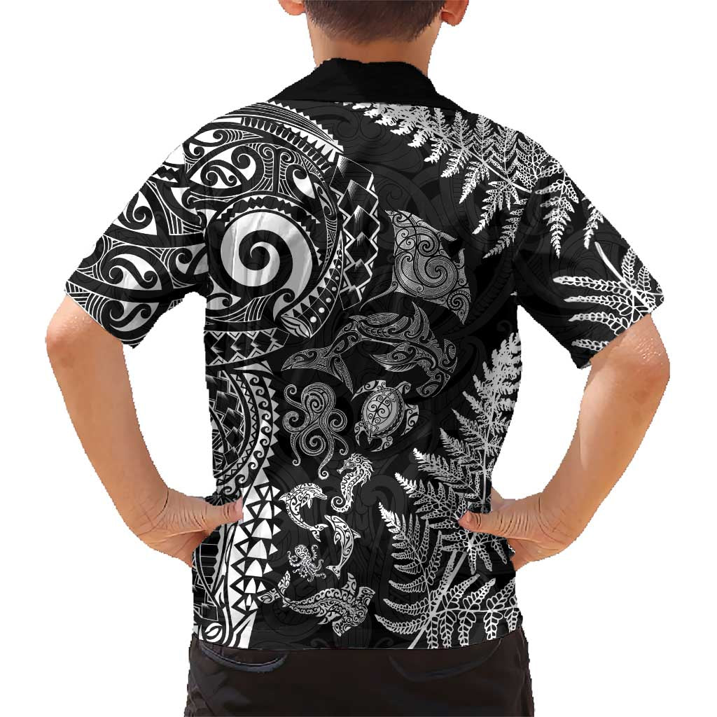 New Zealand Sea Animals Family Matching Mermaid Dress and Hawaiian Shirt with Maori Koru Tribal Tattoo and Silver Ferns Black Color LT03 - Polynesian Pride