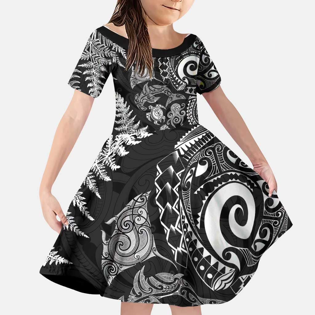 New Zealand Sea Animals Family Matching Mermaid Dress and Hawaiian Shirt with Maori Koru Tribal Tattoo and Silver Ferns Black Color LT03 Daughter's Dress Black - Polynesian Pride
