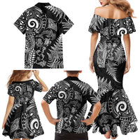 New Zealand Sea Animals Family Matching Mermaid Dress and Hawaiian Shirt with Maori Koru Tribal Tattoo and Silver Ferns Black Color LT03 - Polynesian Pride