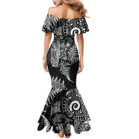 New Zealand Sea Animals Family Matching Mermaid Dress and Hawaiian Shirt with Maori Koru Tribal Tattoo and Silver Ferns Black Color LT03 - Polynesian Pride