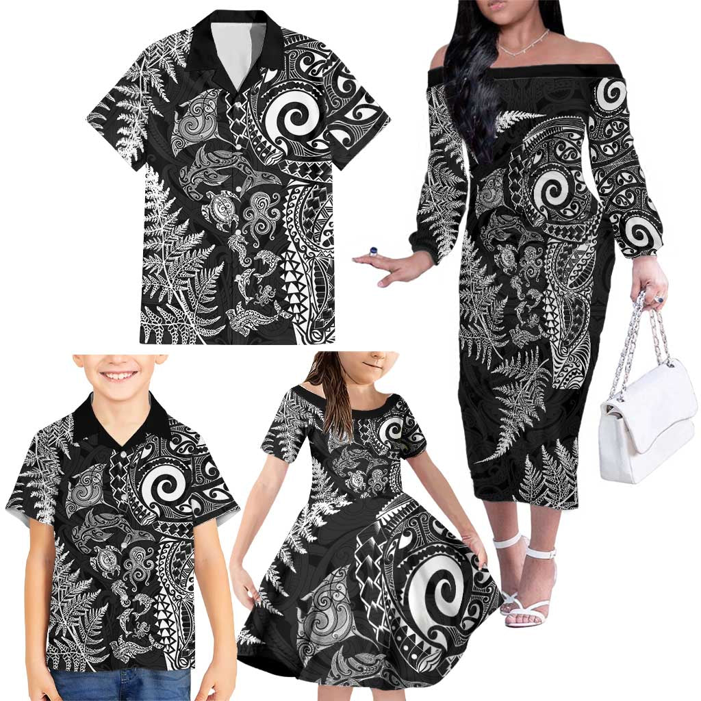 New Zealand Sea Animals Family Matching Off The Shoulder Long Sleeve Dress and Hawaiian Shirt with Maori Koru Tribal Tattoo and Silver Ferns Black Color