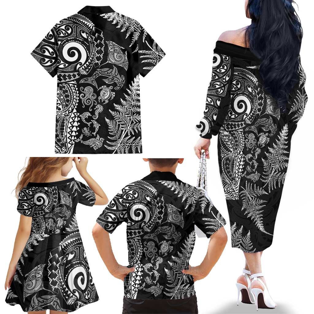 New Zealand Sea Animals Family Matching Off The Shoulder Long Sleeve Dress and Hawaiian Shirt with Maori Koru Tribal Tattoo and Silver Ferns Black Color LT03 - Polynesian Pride