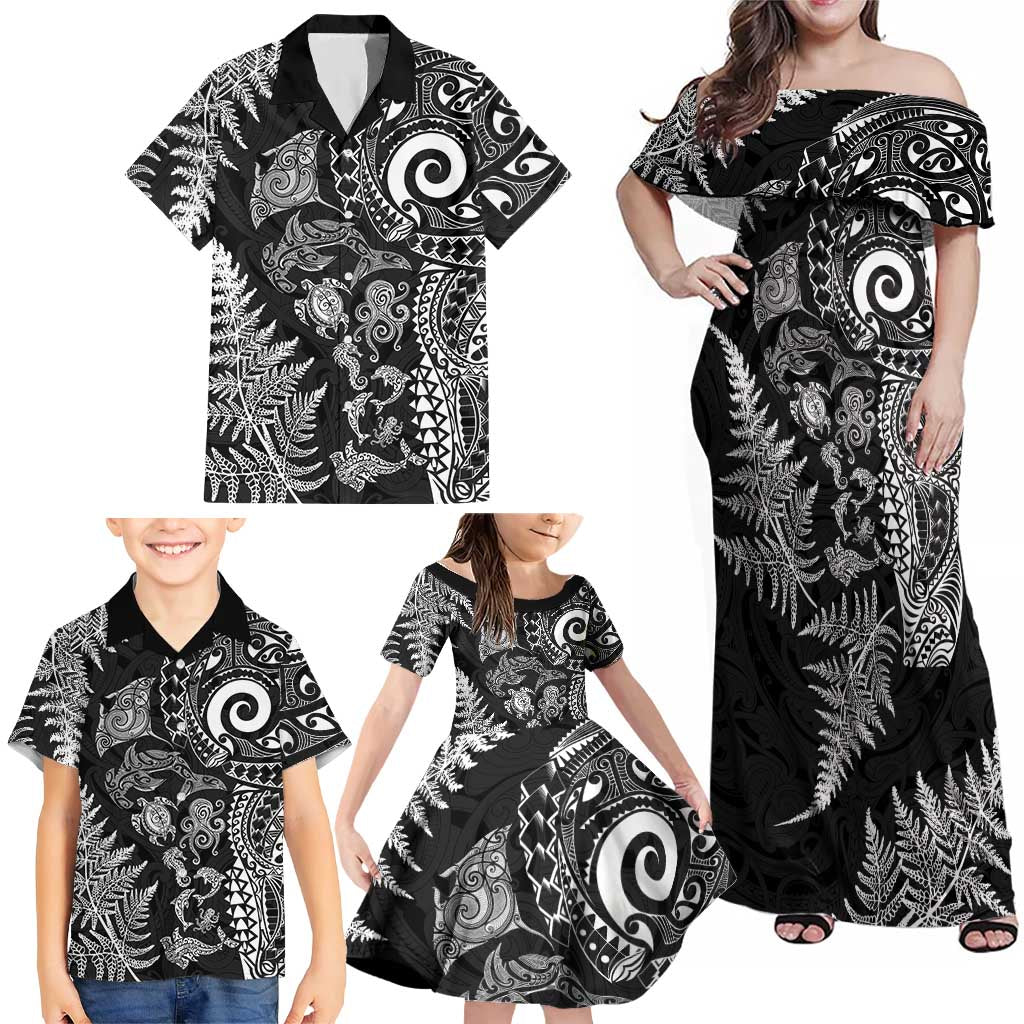 New Zealand Sea Animals Family Matching Off Shoulder Maxi Dress and Hawaiian Shirt with Maori Koru Tribal Tattoo and Silver Ferns Black Color