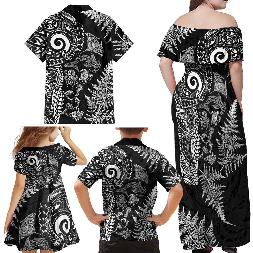 New Zealand Sea Animals Family Matching Off Shoulder Maxi Dress and Hawaiian Shirt with Maori Koru Tribal Tattoo and Silver Ferns Black Color LT03 - Polynesian Pride