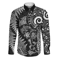 New Zealand Sea Animals Family Matching Off Shoulder Maxi Dress and Hawaiian Shirt with Maori Koru Tribal Tattoo and Silver Ferns Black Color LT03 Dad's Shirt - Long Sleeve Black - Polynesian Pride