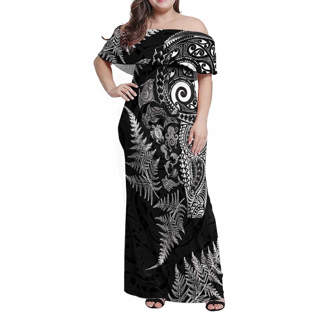 New Zealand Sea Animals Family Matching Off Shoulder Maxi Dress and Hawaiian Shirt with Maori Koru Tribal Tattoo and Silver Ferns Black Color LT03 Mom's Dress Black - Polynesian Pride
