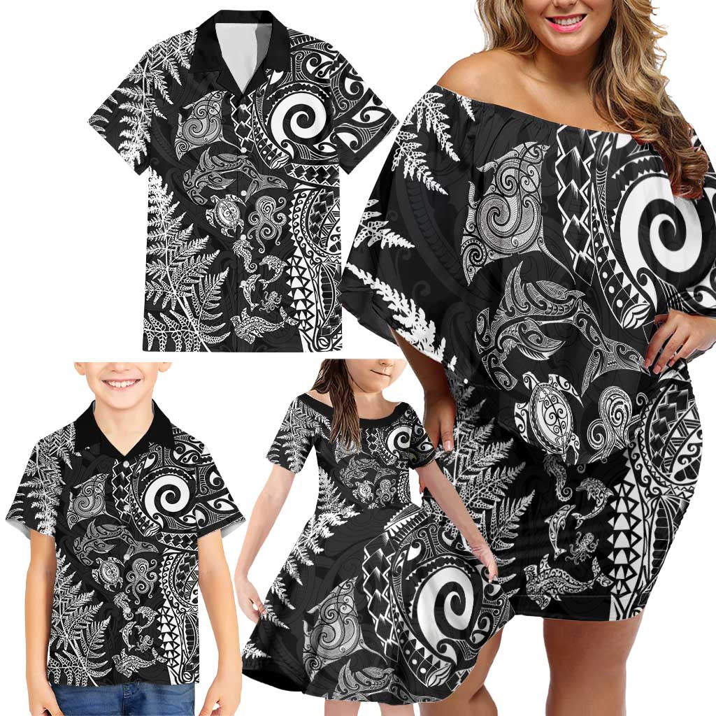 New Zealand Sea Animals Family Matching Off Shoulder Short Dress and Hawaiian Shirt with Maori Koru Tribal Tattoo and Silver Ferns Black Color