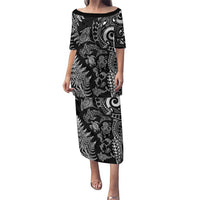 New Zealand Sea Animals Family Matching Puletasi and Hawaiian Shirt with Maori Koru Tribal Tattoo and Silver Ferns Black Color LT03 Mom's Dress Black - Polynesian Pride