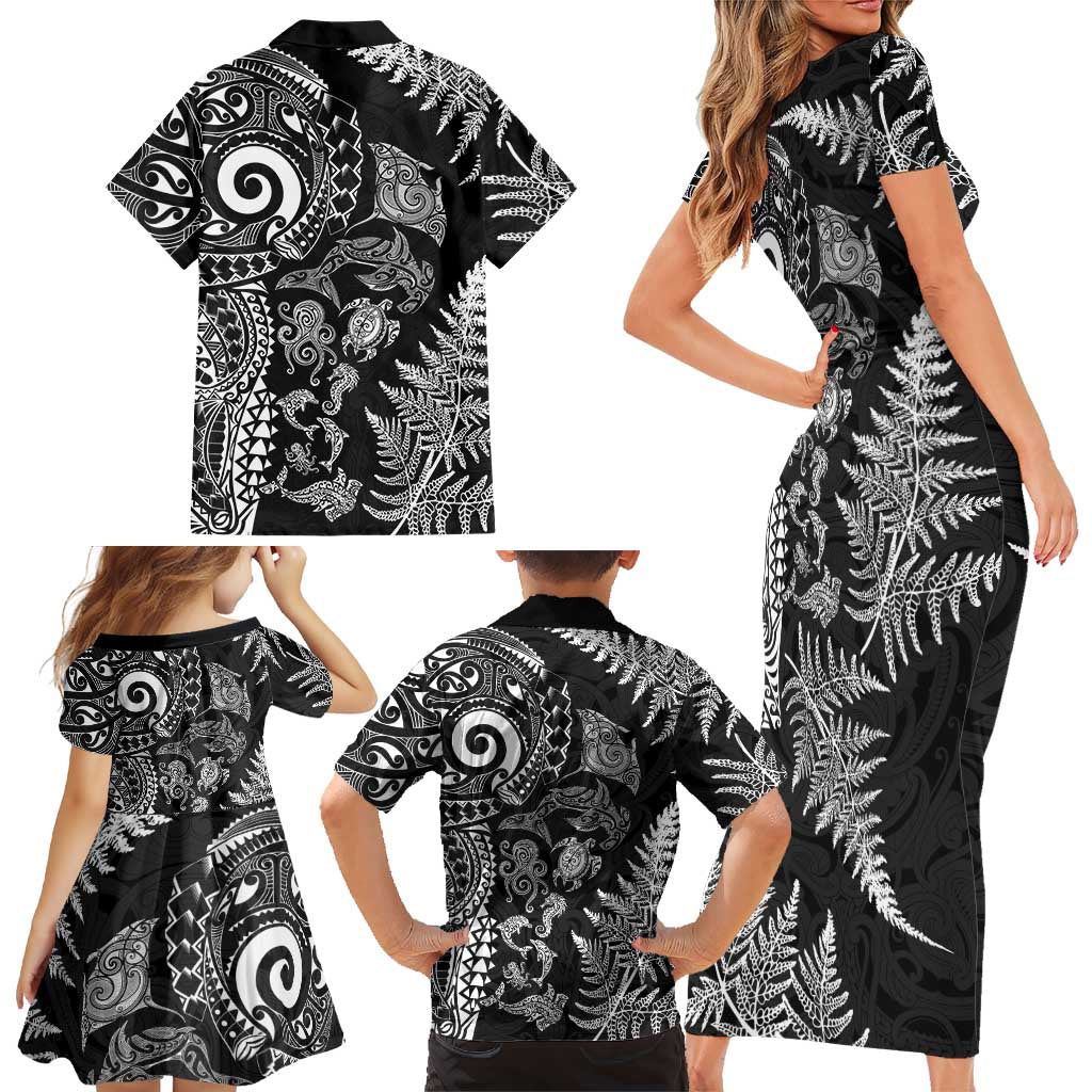 New Zealand Sea Animals Family Matching Short Sleeve Bodycon Dress and Hawaiian Shirt with Maori Koru Tribal Tattoo and Silver Ferns Black Color LT03 - Polynesian Pride