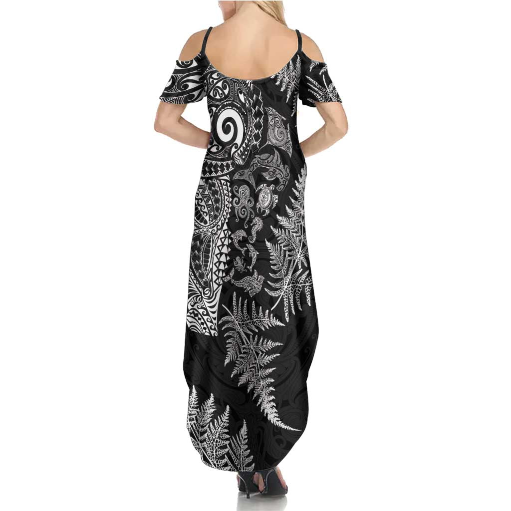 New Zealand Sea Animals Family Matching Summer Maxi Dress and Hawaiian Shirt with Maori Koru Tribal Tattoo and Silver Ferns Black Color LT03 - Polynesian Pride