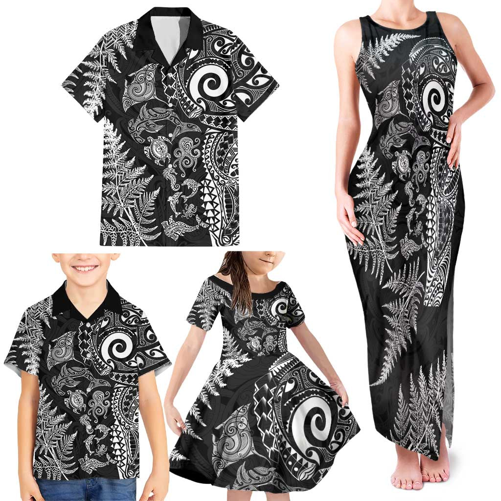 New Zealand Sea Animals Family Matching Tank Maxi Dress and Hawaiian Shirt with Maori Koru Tribal Tattoo and Silver Ferns Black Color