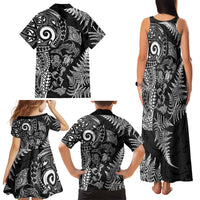 New Zealand Sea Animals Family Matching Tank Maxi Dress and Hawaiian Shirt with Maori Koru Tribal Tattoo and Silver Ferns Black Color LT03 - Polynesian Pride