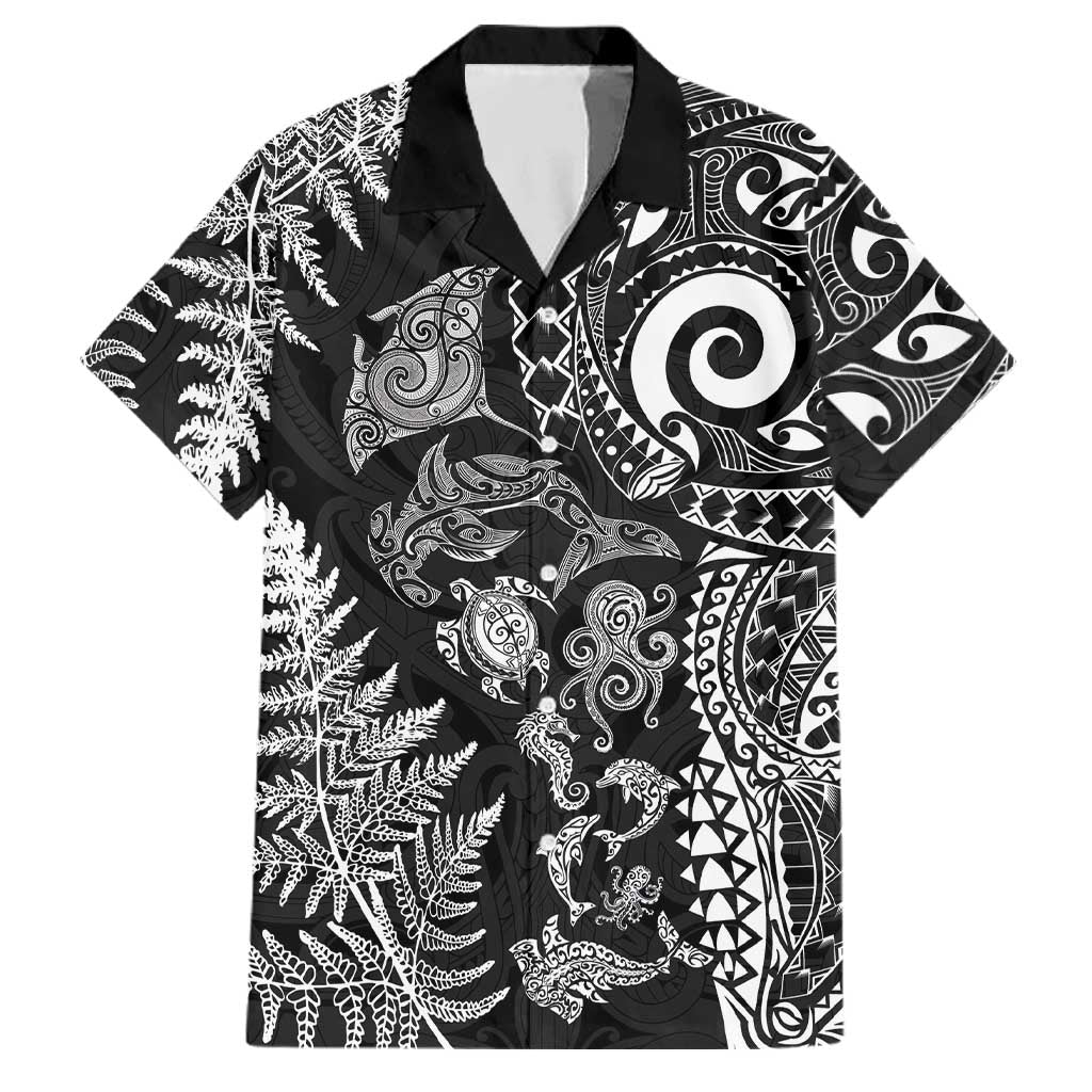 New Zealand Sea Animals Family Matching Tank Maxi Dress and Hawaiian Shirt with Maori Koru Tribal Tattoo and Silver Ferns Black Color LT03 Dad's Shirt - Short Sleeve Black - Polynesian Pride
