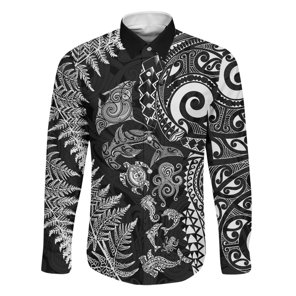 New Zealand Sea Animals Family Matching Tank Maxi Dress and Hawaiian Shirt with Maori Koru Tribal Tattoo and Silver Ferns Black Color LT03 Dad's Shirt - Long Sleeve Black - Polynesian Pride