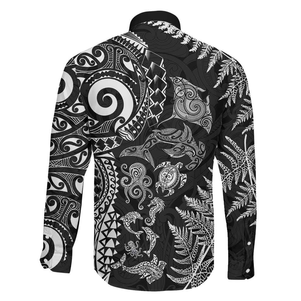New Zealand Sea Animals Family Matching Tank Maxi Dress and Hawaiian Shirt with Maori Koru Tribal Tattoo and Silver Ferns Black Color LT03 - Polynesian Pride