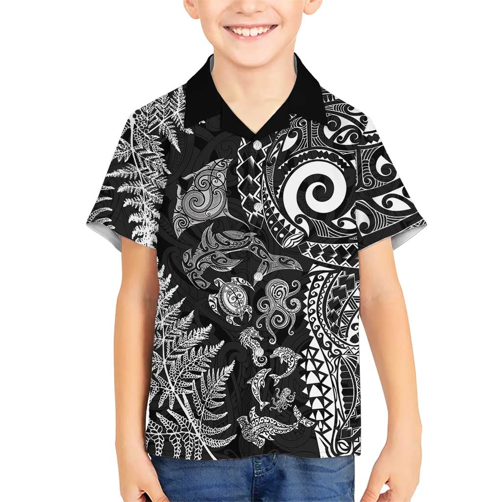 New Zealand Sea Animals Family Matching Tank Maxi Dress and Hawaiian Shirt with Maori Koru Tribal Tattoo and Silver Ferns Black Color LT03 Son's Shirt Black - Polynesian Pride