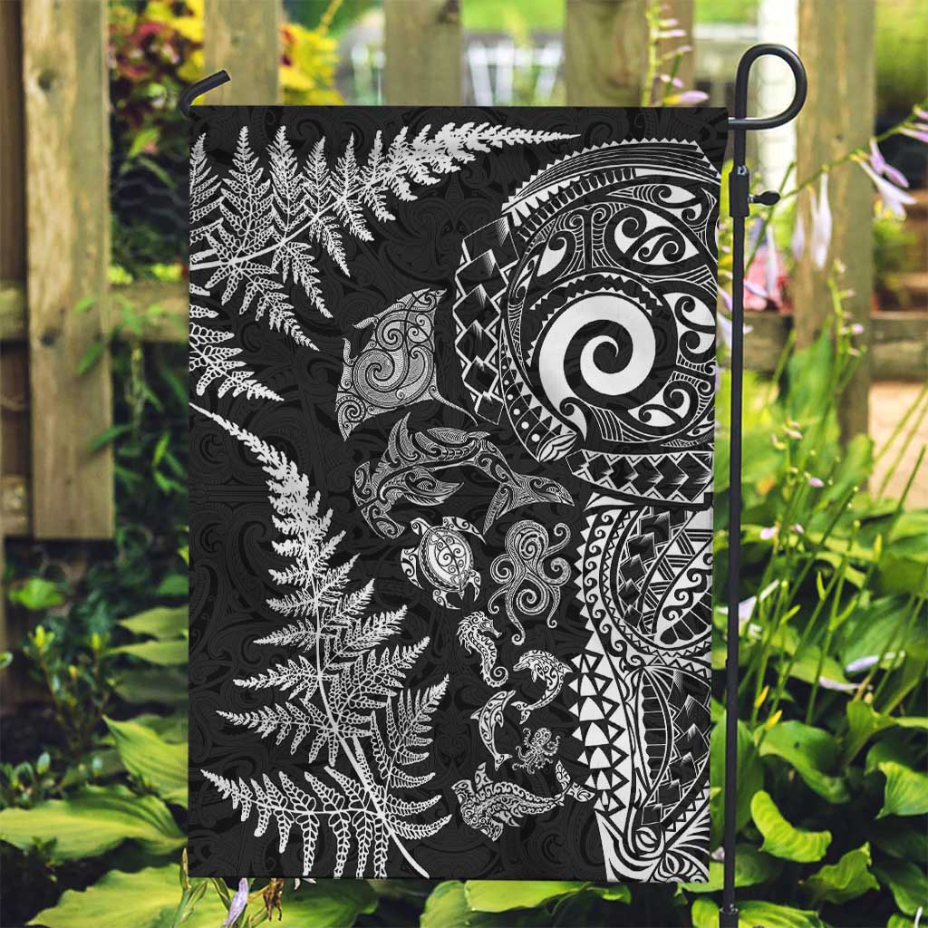 New Zealand Sea Animals Garden Flag with Maori Koru Tribal Tattoo and Silver Ferns Black Color LT03 Garden Flag Black - Polynesian Pride