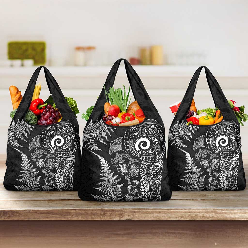 New Zealand Sea Animals Grocery Bag with Maori Koru Tribal Tattoo and Silver Ferns Black Color LT03 3-pack One Size Black - Polynesian Pride