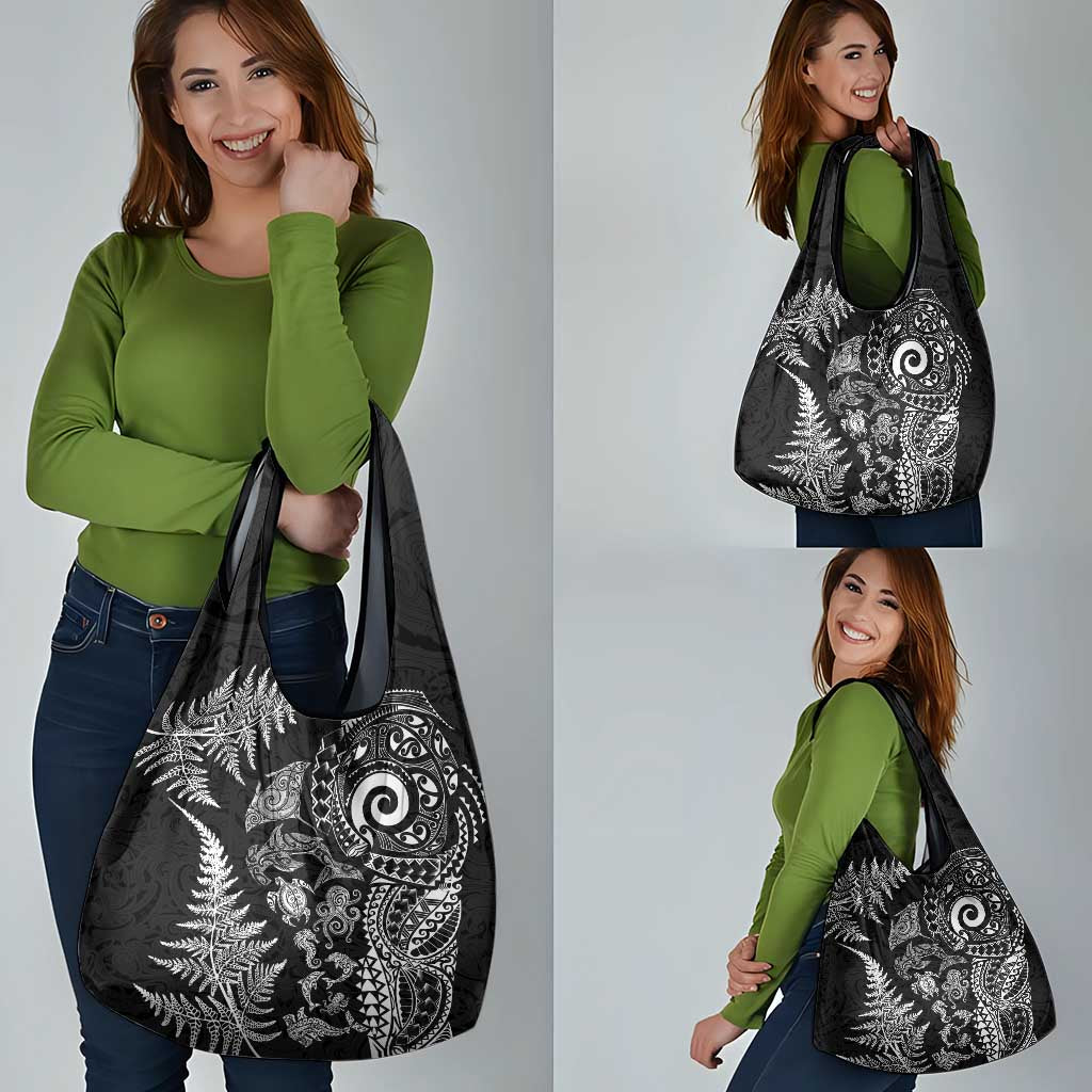New Zealand Sea Animals Grocery Bag with Maori Koru Tribal Tattoo and Silver Ferns Black Color LT03 - Polynesian Pride
