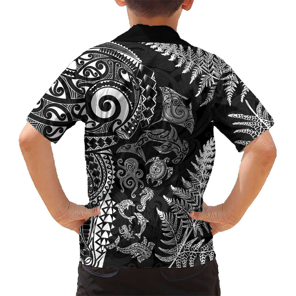 New Zealand Sea Animals Hawaiian Shirt with Maori Koru Tribal Tattoo and Silver Ferns Black Color LT03 - Polynesian Pride
