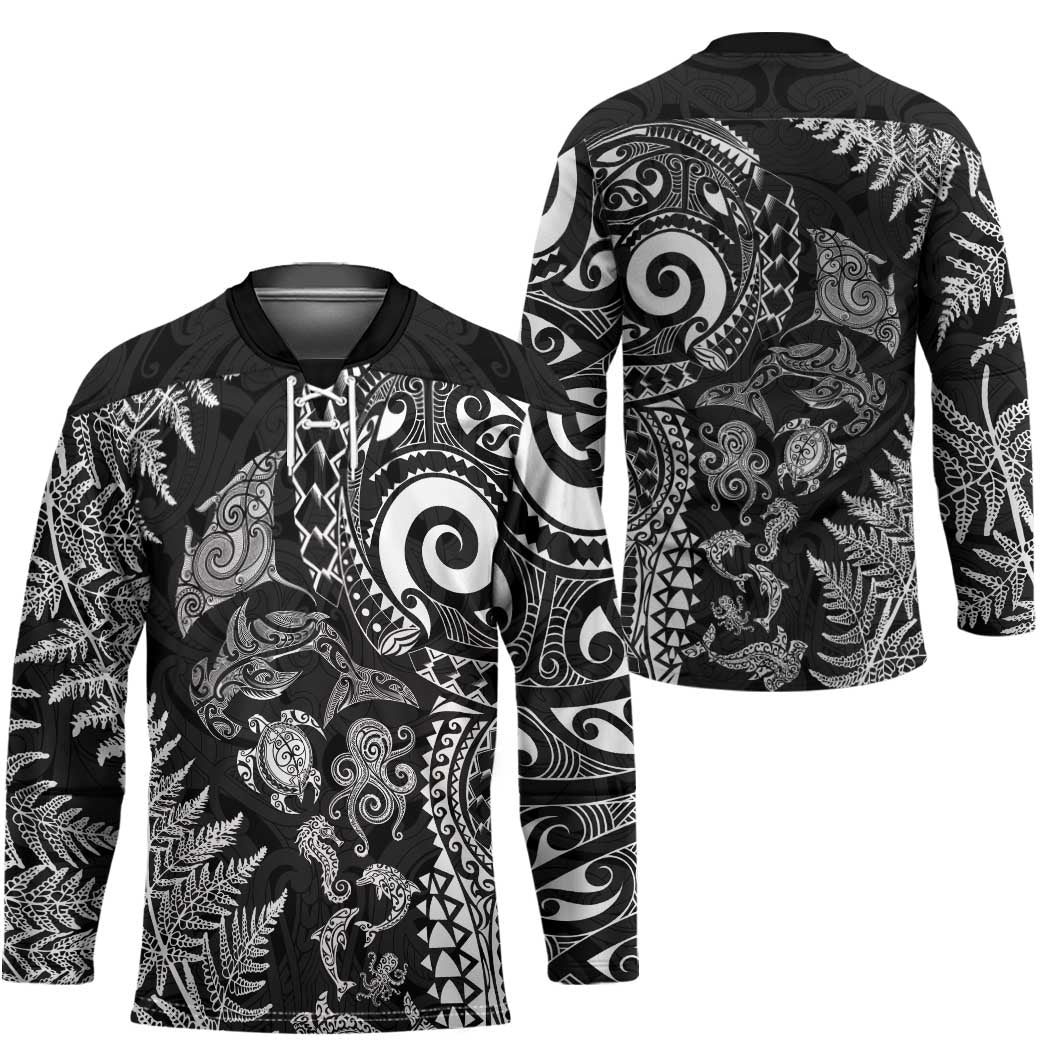 New Zealand Sea Animals Hockey Jersey with Maori Koru Tribal Tattoo and Silver Ferns Black Color LT03 - Polynesian Pride