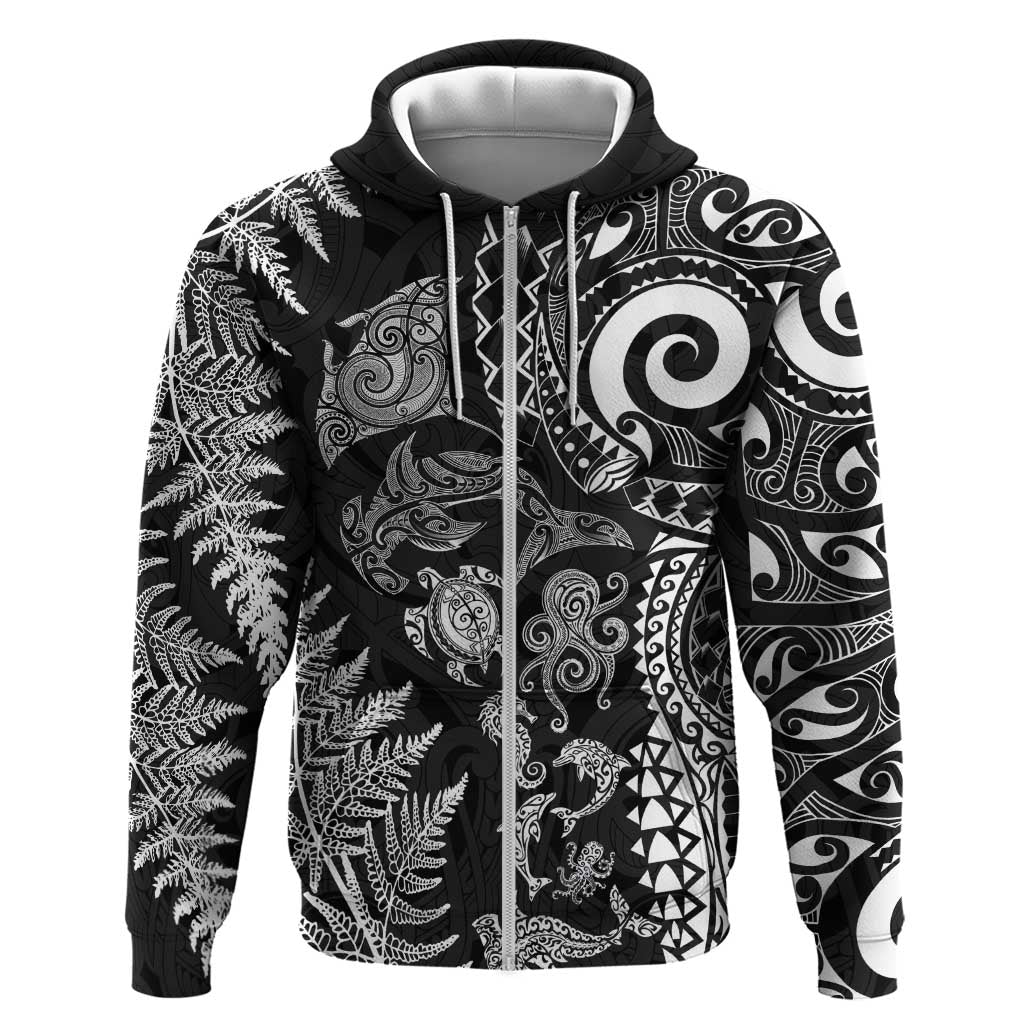 New Zealand Sea Animals Hoodie with Maori Koru Tribal Tattoo and Silver Ferns Black Color LT03 Zip Hoodie Black - Polynesian Pride