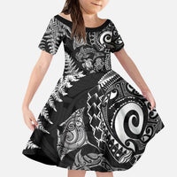 New Zealand Sea Animals Kid Short Sleeve Dress with Maori Koru Tribal Tattoo and Silver Ferns Black Color LT03 KID Black - Polynesian Pride