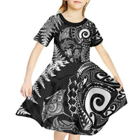 New Zealand Sea Animals Kid Short Sleeve Dress with Maori Koru Tribal Tattoo and Silver Ferns Black Color LT03 - Polynesian Pride