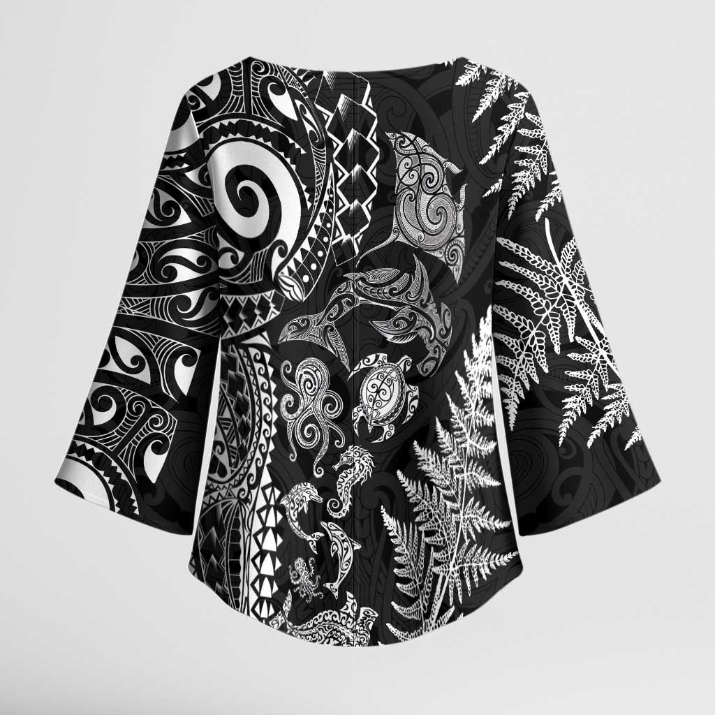 New Zealand Sea Animals Kimono Sleeve Blouse with Maori Koru Tribal Tattoo and Silver Ferns Black Color LT03 - Polynesian Pride