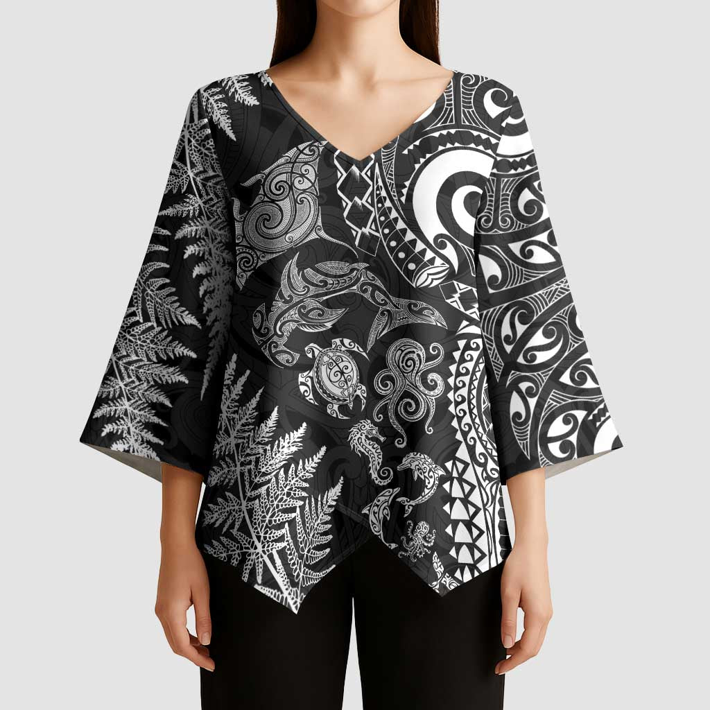 New Zealand Sea Animals Kimono Sleeve Blouse with Maori Koru Tribal Tattoo and Silver Ferns Black Color LT03 - Polynesian Pride