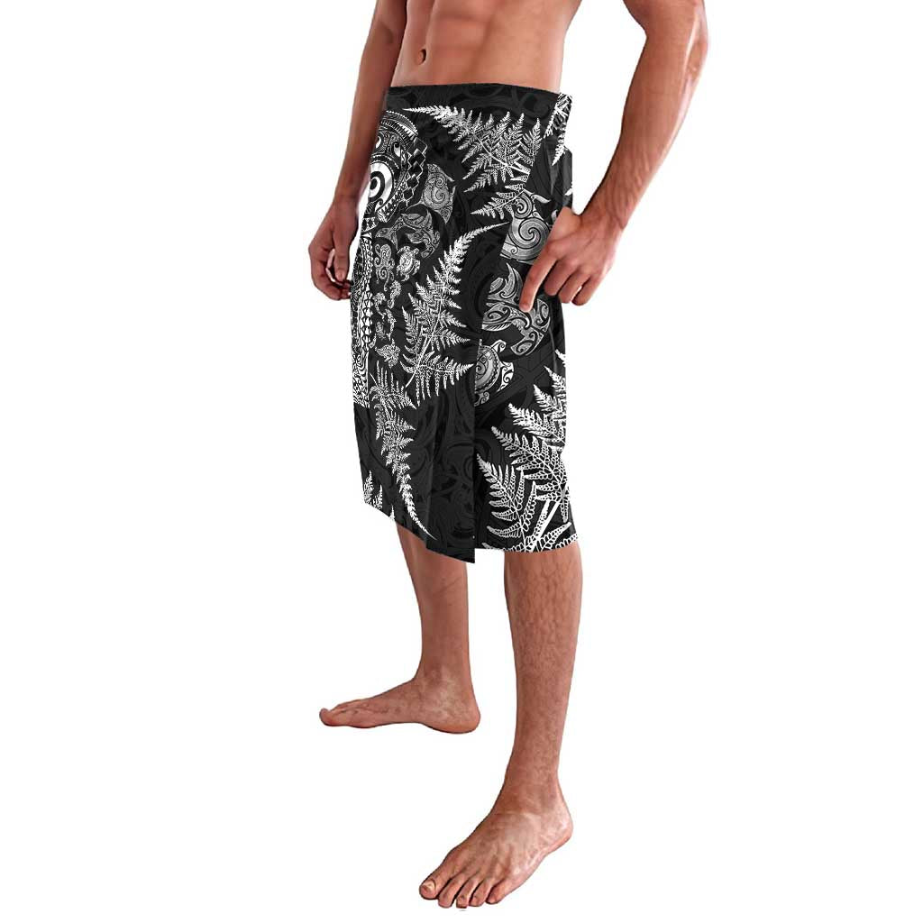 New Zealand Sea Animals Lavalava with Maori Koru Tribal Tattoo and Silver Ferns Black Color LT03 - Polynesian Pride