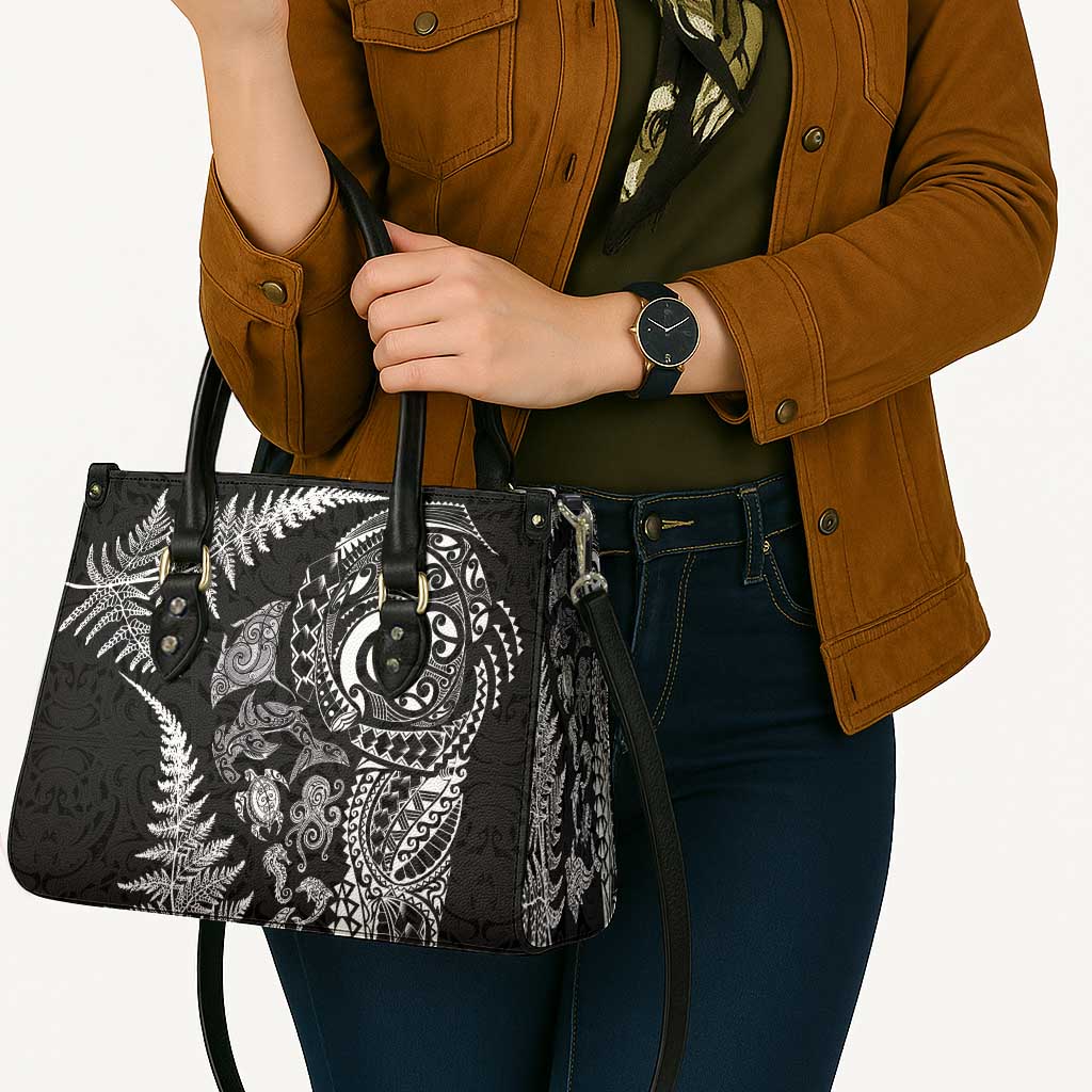 New Zealand Sea Animals Leather Bag with Maori Koru Tribal Tattoo and Silver Ferns Black Color LT03 - Polynesian Pride