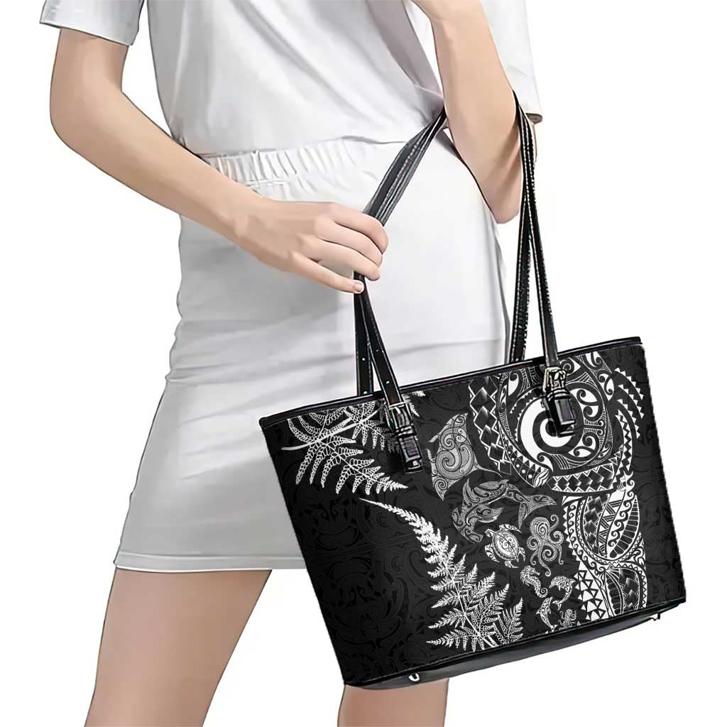 New Zealand Sea Animals Leather Tote Bag with Maori Koru Tribal Tattoo and Silver Ferns Black Color LT03 - Polynesian Pride