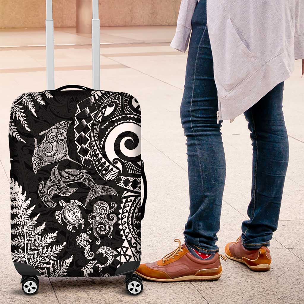New Zealand Sea Animals Luggage Cover with Maori Koru Tribal Tattoo and Silver Ferns Black Color LT03 Black - Polynesian Pride
