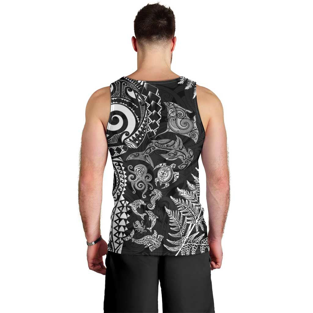 New Zealand Sea Animals Men Tank Top with Maori Koru Tribal Tattoo and Silver Ferns Black Color LT03 - Polynesian Pride