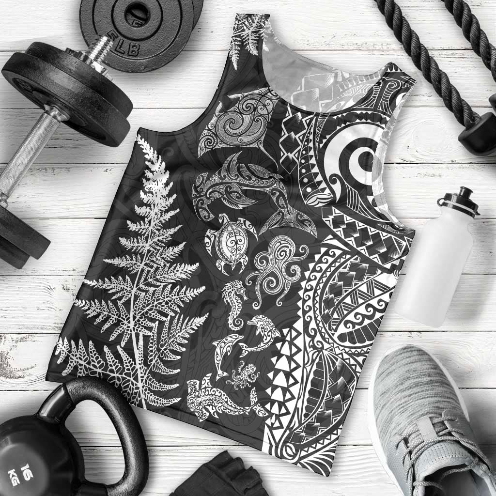 New Zealand Sea Animals Men Tank Top with Maori Koru Tribal Tattoo and Silver Ferns Black Color LT03 - Polynesian Pride