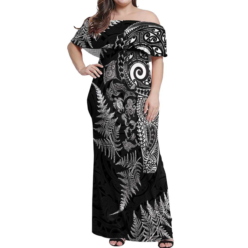 New Zealand Sea Animals Off Shoulder Maxi Dress with Maori Koru Tribal Tattoo and Silver Ferns Black Color
