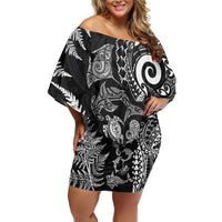 New Zealand Sea Animals Off Shoulder Short Dress with Maori Koru Tribal Tattoo and Silver Ferns Black Color