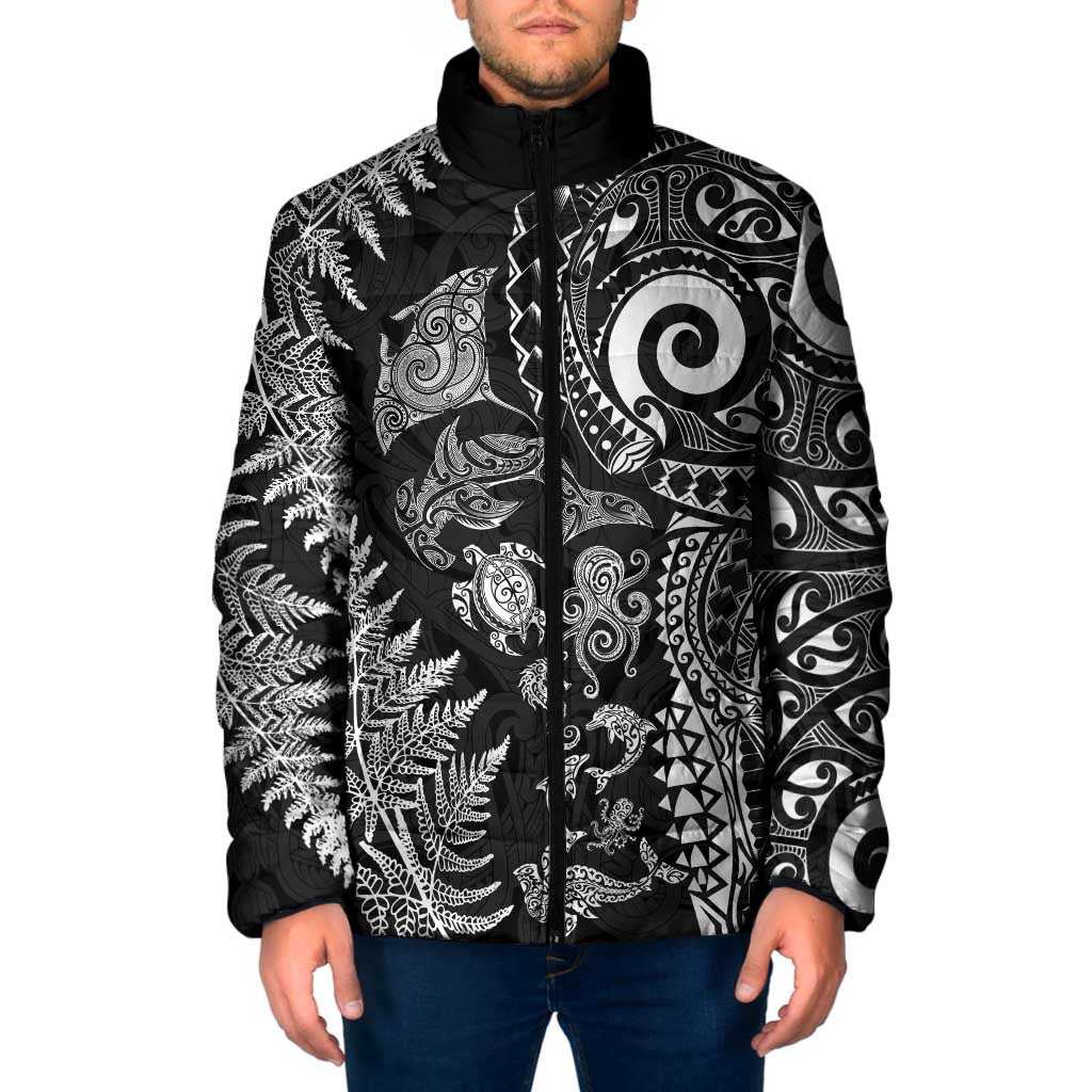 New Zealand Sea Animals Padded Jacket with Maori Koru Tribal Tattoo and Silver Ferns Black Color