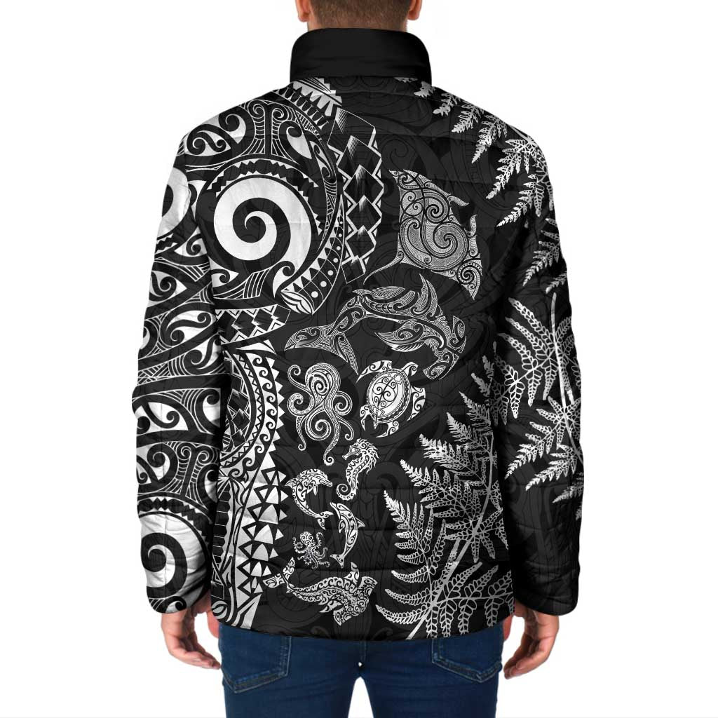 New Zealand Sea Animals Padded Jacket with Maori Koru Tribal Tattoo and Silver Ferns Black Color