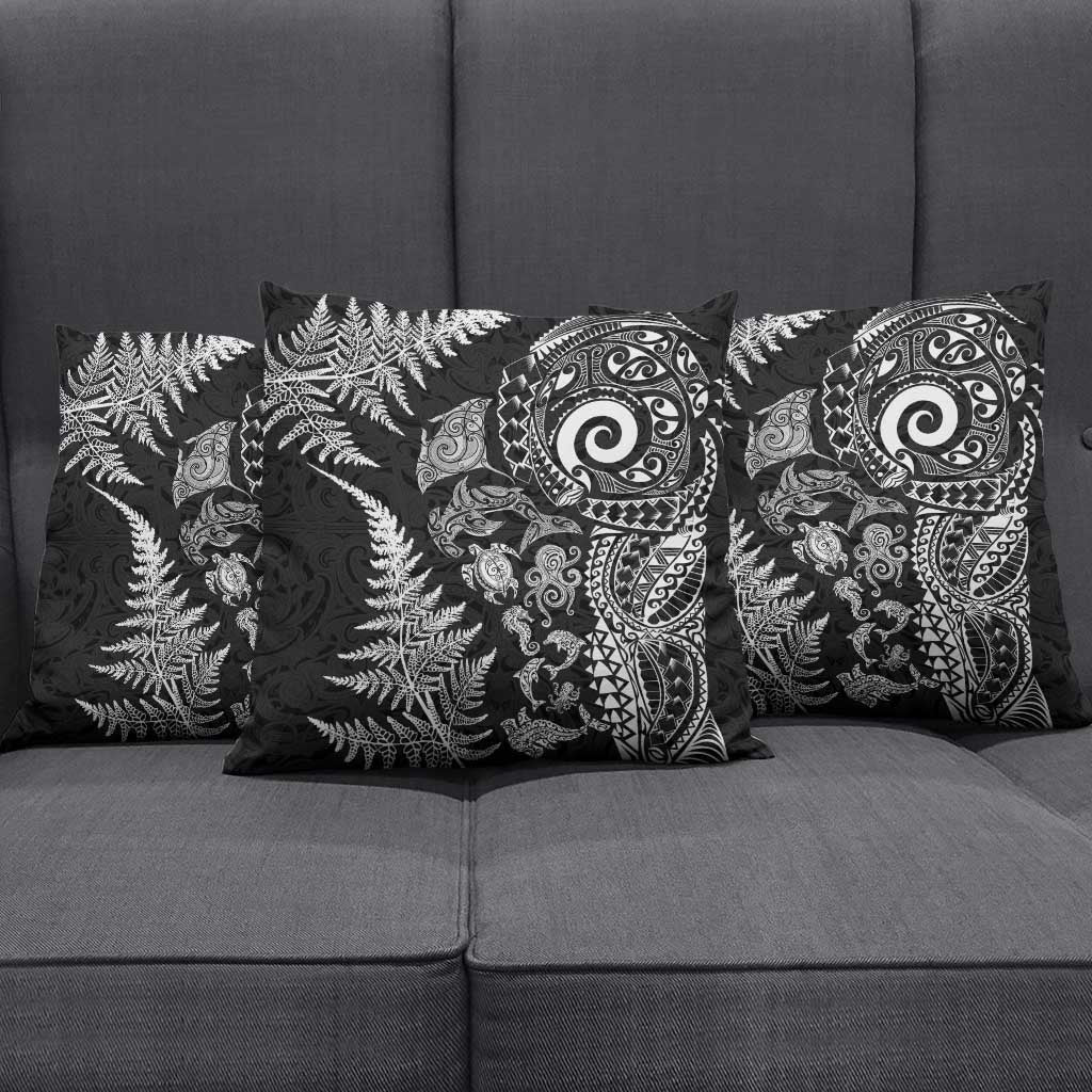 New Zealand Sea Animals Pillow Cover with Maori Koru Tribal Tattoo and Silver Ferns Black Color LT03 - Polynesian Pride