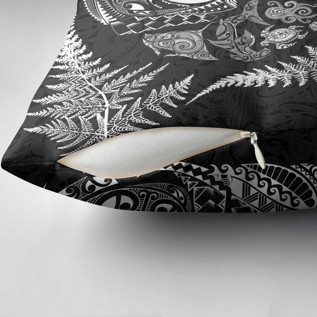 New Zealand Sea Animals Pillow Cover with Maori Koru Tribal Tattoo and Silver Ferns Black Color LT03 - Polynesian Pride