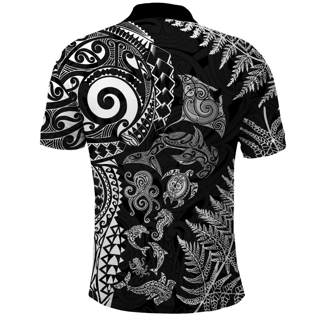 New Zealand Sea Animals Polo Shirt with Maori Koru Tribal Tattoo and Silver Ferns Black Color