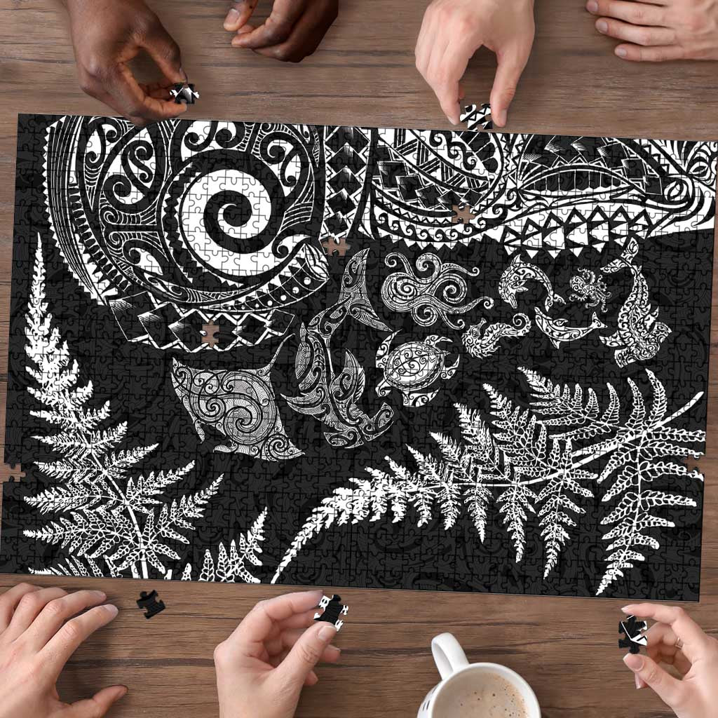 New Zealand Sea Animals Puzzle with Maori Koru Tribal Tattoo and Silver Ferns Black Color LT03 - Polynesian Pride