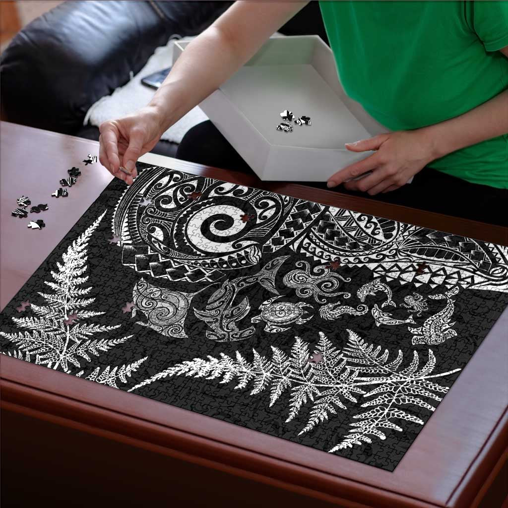 New Zealand Sea Animals Puzzle with Maori Koru Tribal Tattoo and Silver Ferns Black Color LT03 - Polynesian Pride