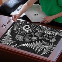 New Zealand Sea Animals Puzzle with Maori Koru Tribal Tattoo and Silver Ferns Black Color LT03 - Polynesian Pride