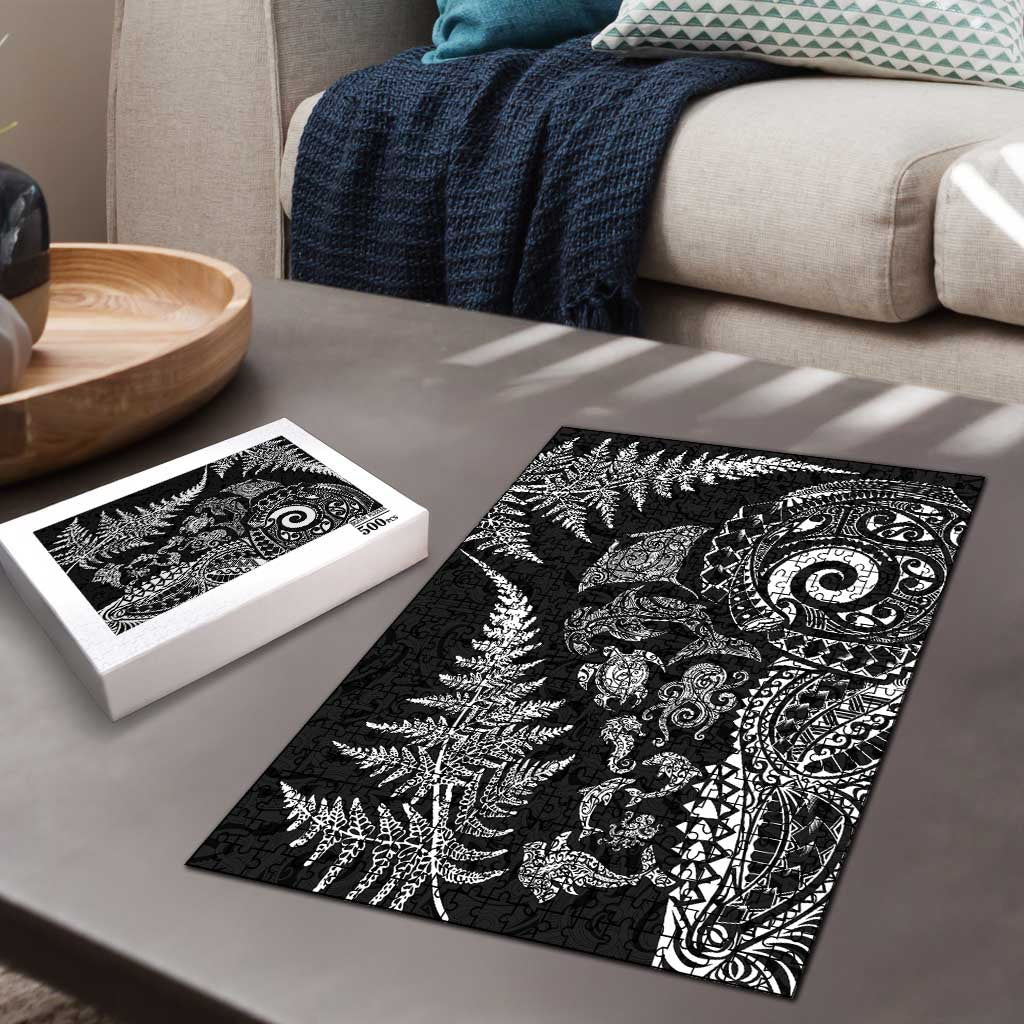 New Zealand Sea Animals Puzzle with Maori Koru Tribal Tattoo and Silver Ferns Black Color LT03 - Polynesian Pride