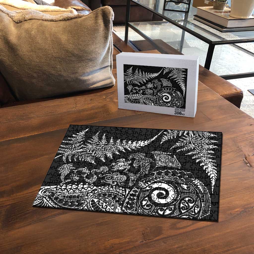 New Zealand Sea Animals Puzzle with Maori Koru Tribal Tattoo and Silver Ferns Black Color LT03 - Polynesian Pride
